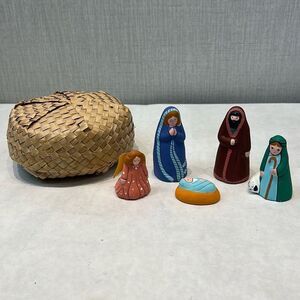 Hand Painted Clay Christmas Nativity 5 Pcs Holy Family Angel Shepherd Basket